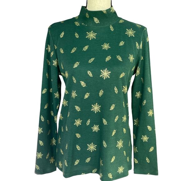 Karen Scott Petite Small PS Top Holiday Snowflake Long Sleeve Stretch Mock Neck - Picture 1 of 8